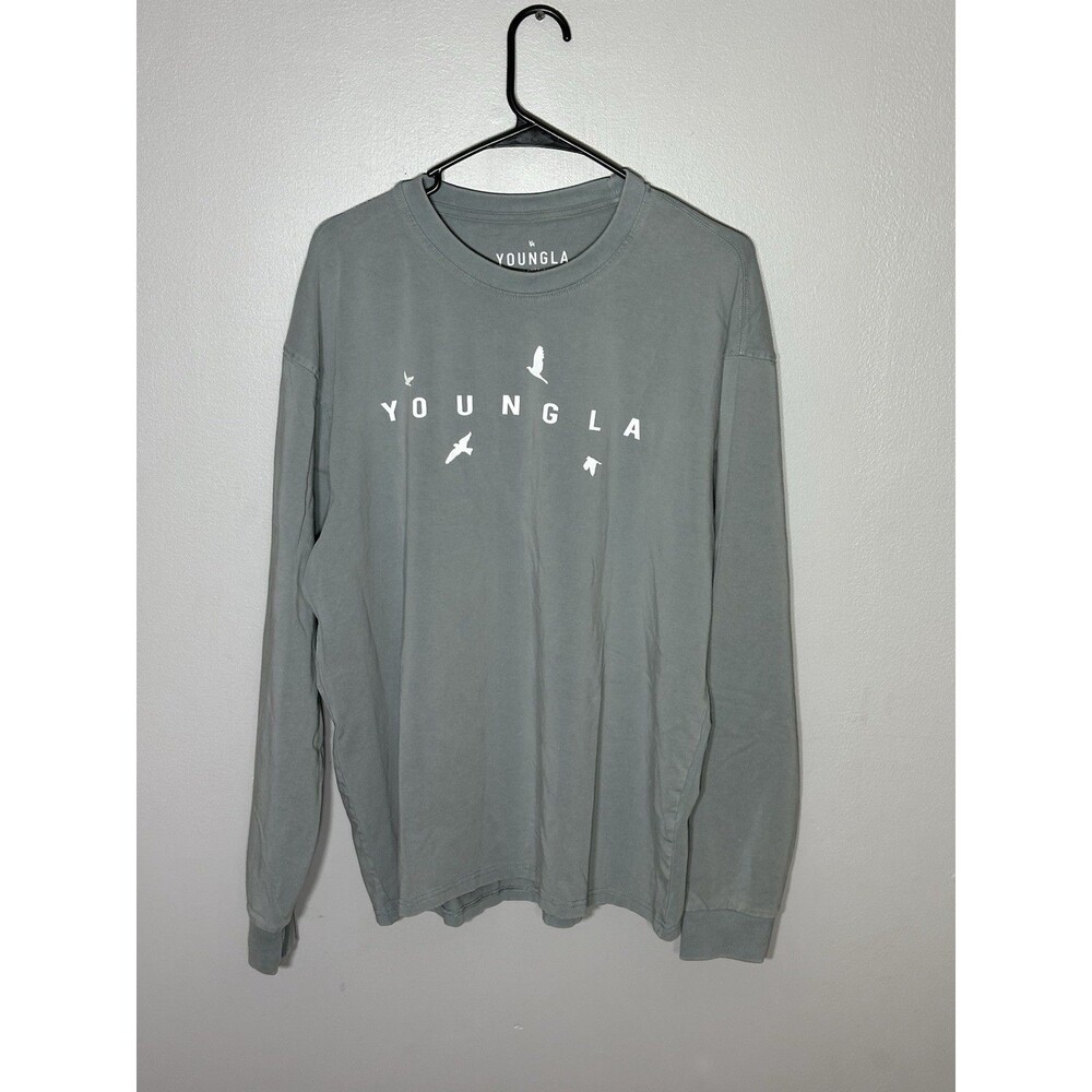 YoungLa Long Sleeve Shirt Mens Size M Gray Oversized Bird Logo Graphic Chest